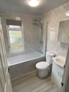 Modern parkhome bathroom with shower and bath