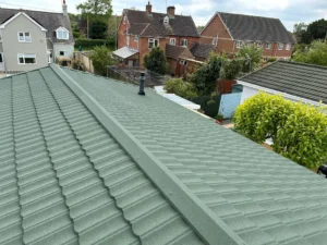 Green tiled roof with residential background